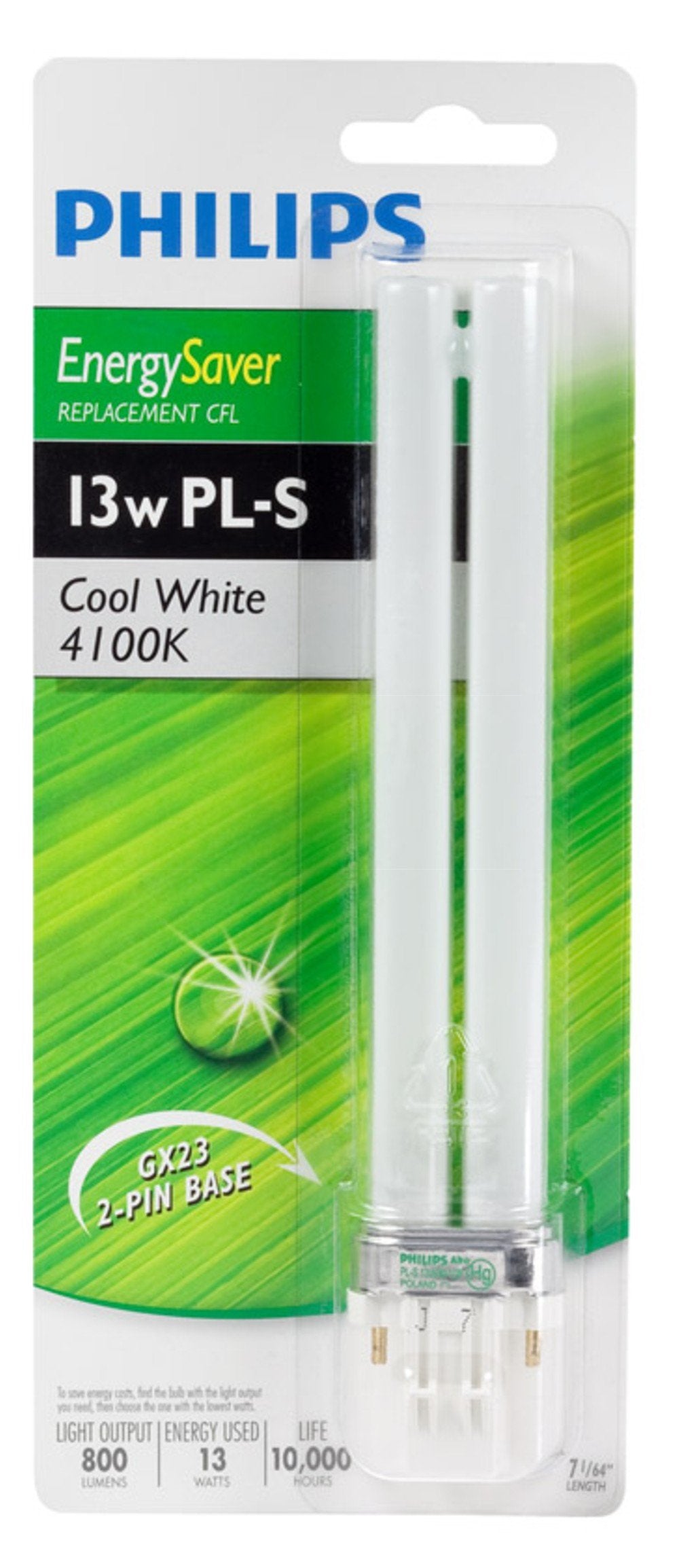 Philips 230128 Energy Saver Compact Fluorescent Non-Integrated 13-Watt PL-S 2-Pin Base Light Bulb, Cool White