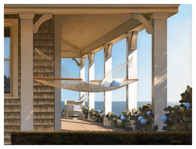 Seaside Hammock Landscape Art Poster Print by Daniel Pollera, 25x19