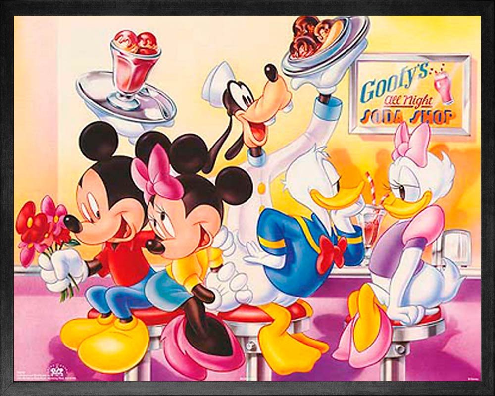 Bruce Teleky Walt Disney Poster Mickey & Friends: Goofy's All Night Soda Shop Framed Children's Print Poster Custom Made Real Wood Modern Charcoal Frame (21 1/8 x 17 1/8")