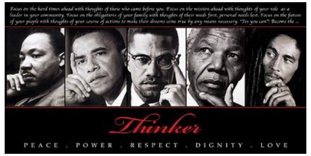 Thinker (Quintet): Peace, Power, Respect, Dignity, Love Art Poster Print, 36x18 King, Obama, Malcom X, Mandela, Marley