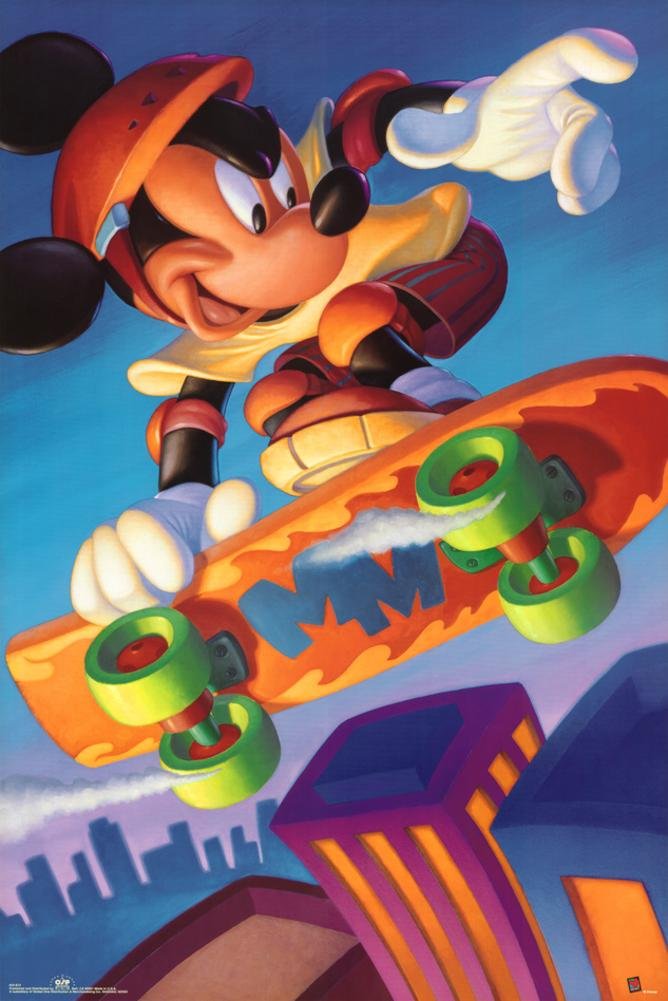 (24x36) Walt Disney Mickey Mouse Skateboarding Art Print Poster