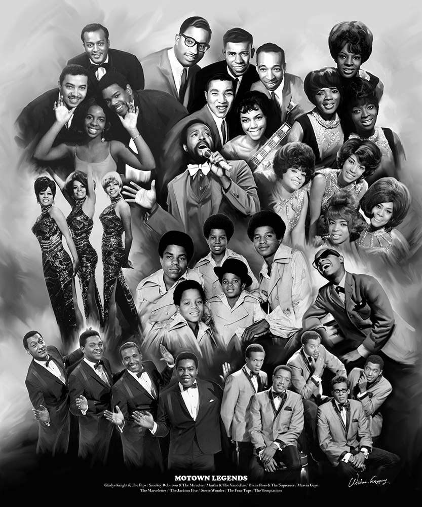 The Art Depot Motown Legends (A Tribute to Motown Music) by Wishum Gregory, (26x22 inches - Black Frame)