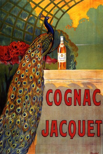 COGNAC JACQUET PEACOCK HOLDING BOTTLE DRINK ALCOHOL 16" X 24" IMAGE SIZE VINTAGE POSTER REPRO