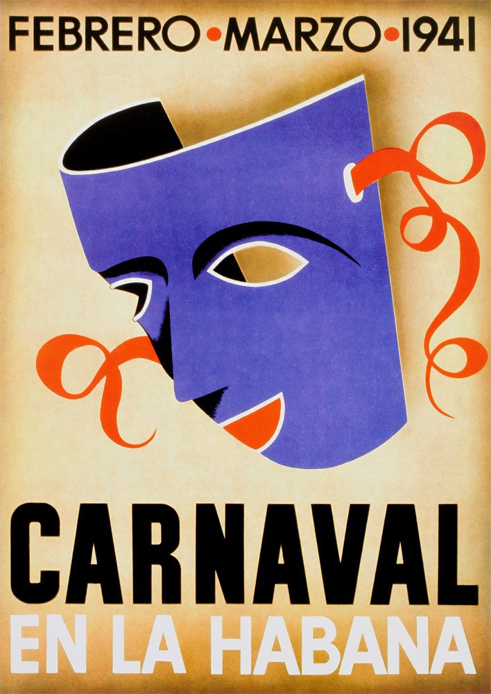 Carnaval Habana, Cuba Blue Mask Vintage Reproduction Print Poster (17 x 24)