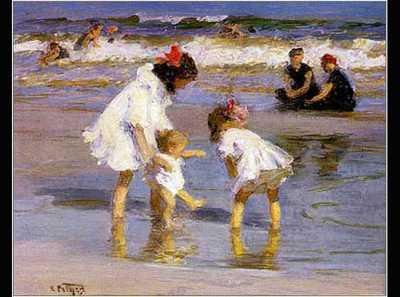 Children Playing at the Seashore by Edward Potthast - 26 x 32 inches - Fine Art Print / Poster