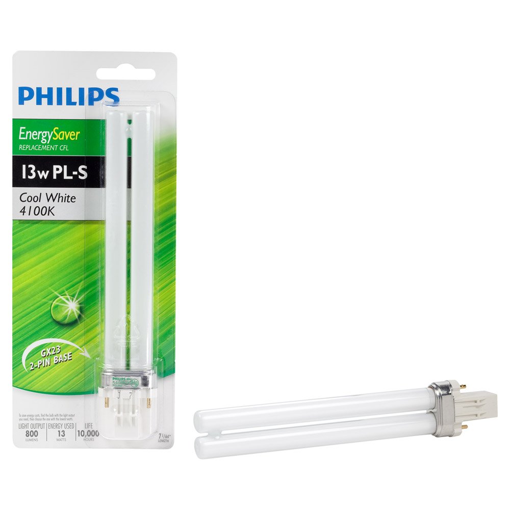 Philips 230128 Energy Saver Compact Fluorescent Non-Integrated 13-Watt PL-S 2-Pin Base Light Bulb, Cool White