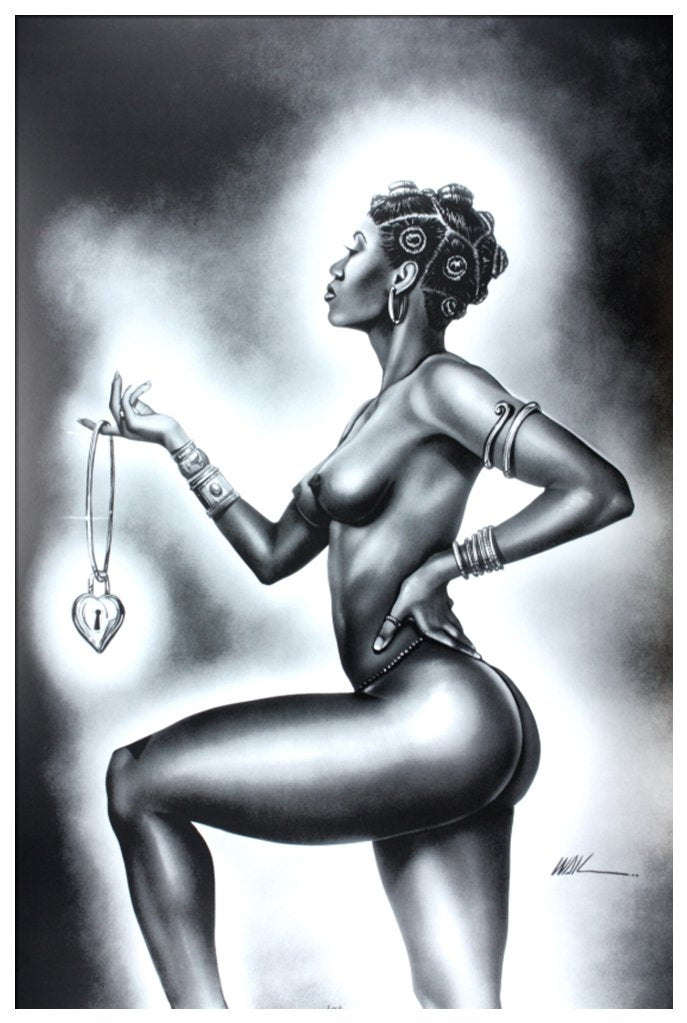 Lock & Key Female by WAK Kevin A. Williams 24x36 Black Art Print Poster African-American Black Framed Wood Composite MDF