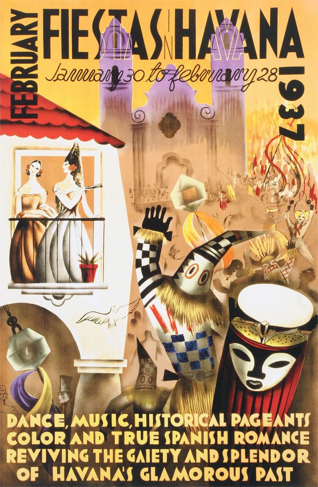 Poster February Fiestas Havana, Cuba 1937 Vintage Travel (17 x 26)