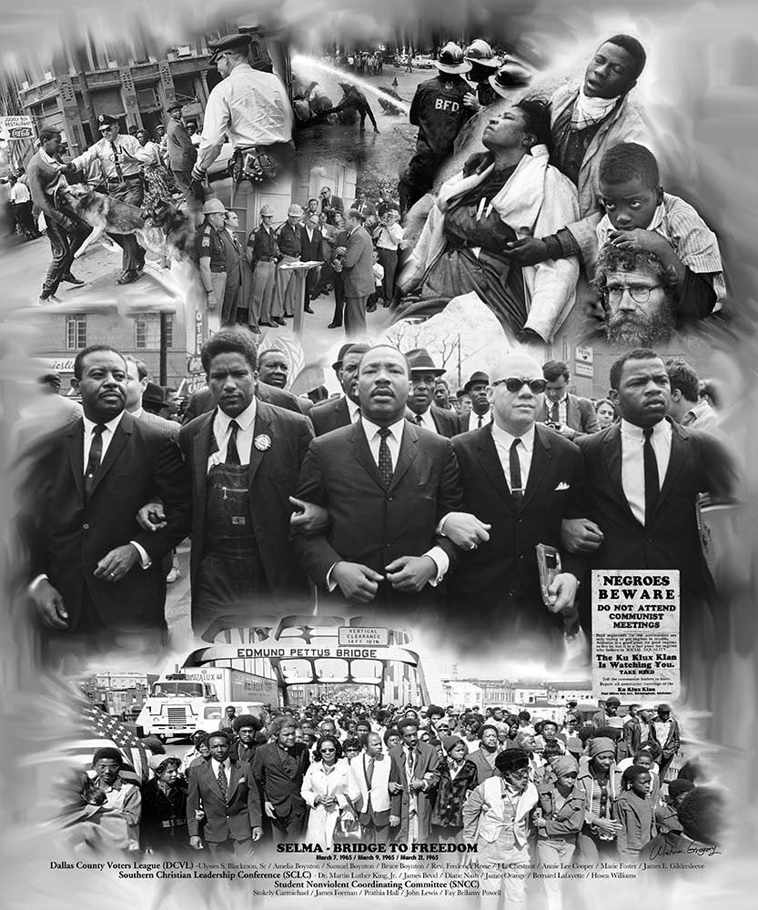 Wishum Gregory Selma: Bridge to Freedom (11x8.5 inches - Black History Art - Black Frame)