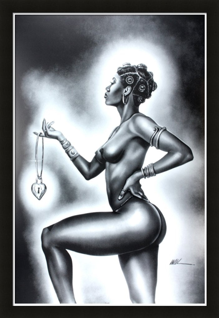 Lock & Key Female by WAK Kevin A. Williams 24x36 Black Art Print Poster African-American Black Framed Wood Composite MDF