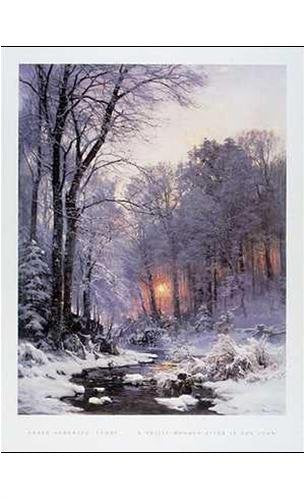 A Twilit Wooded River in the Snow by Ander Anderson-Lunby - 32 x 24 inches - Fine Art Print / Poster