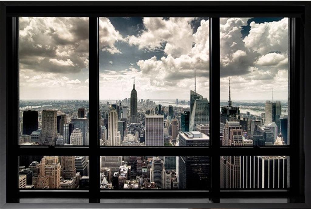 Framed New York City Window Manhattan Skyline Chrysler Building 36x24 - Art Poster Print Photograph Wall Decor